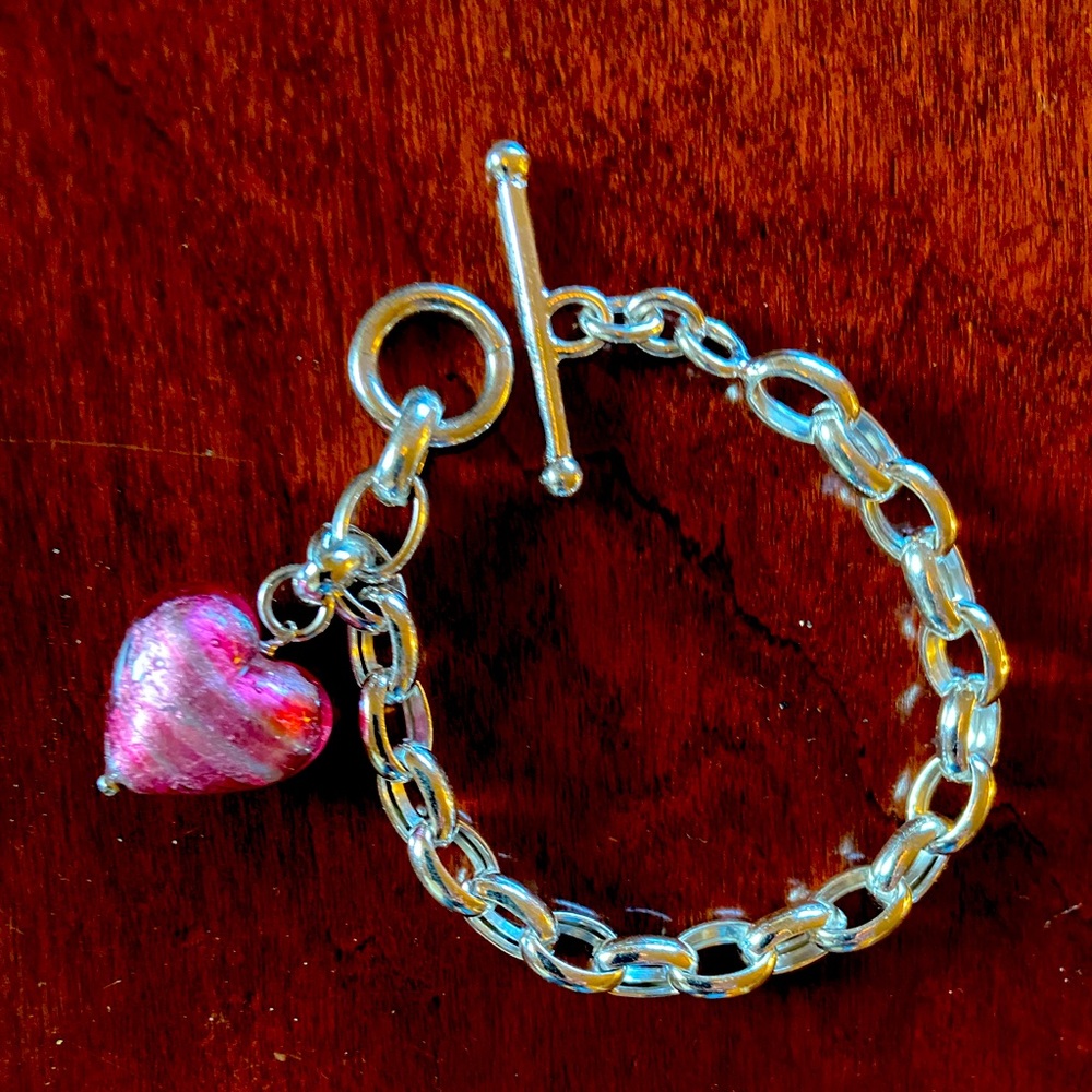 Beautiful Sterling Silver Chunky Bracelet with Venetian Foil Heart Vintage
